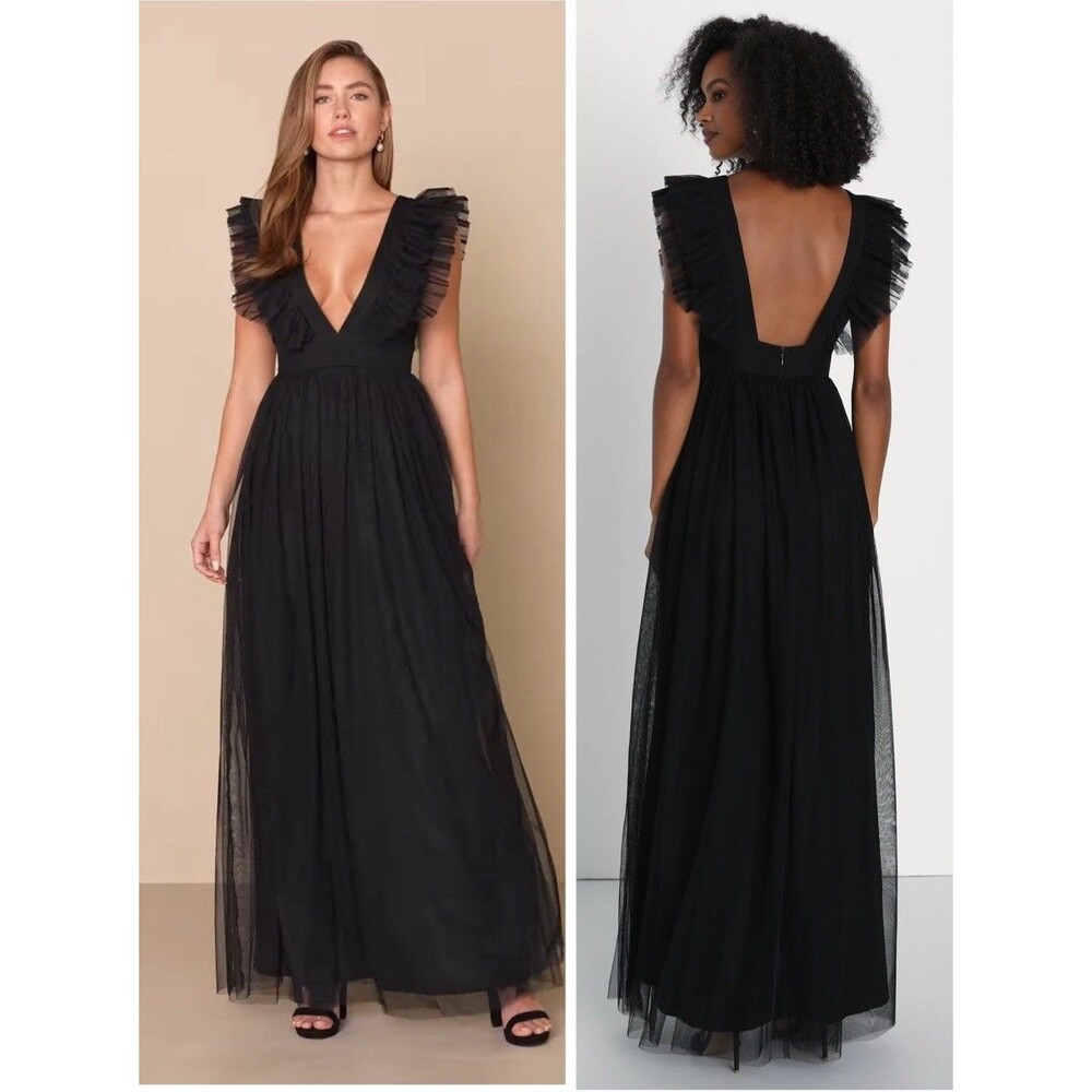 Lulu's Black Maxi Dress with Ruffled Shoulder Tulle